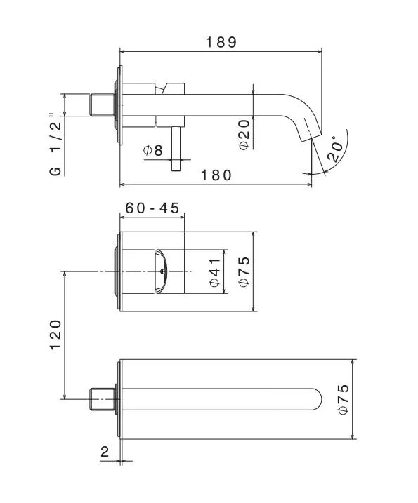Смеситель для раковины ETERNA настенный, без донного клапана, брашированная медь