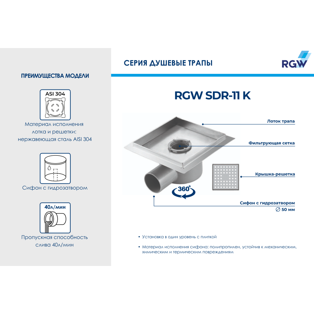 Душевой трап RGW SDR-11 K 200мм