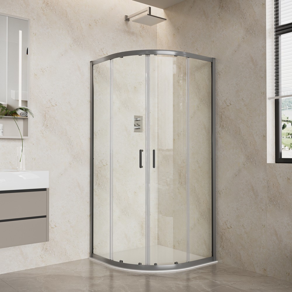 Душевой уголок 1/4 круга, двери раздвижные 900x900x2000, профиль оружейная сталь, стекло прозрачное 6мм в Уфе — купить с доставкой | Nova