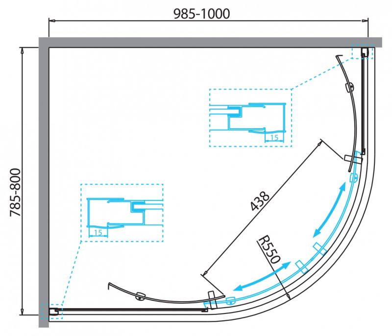 Душевой уголок DUE-RH-2 100х80-C-Cr прозрачное стекло