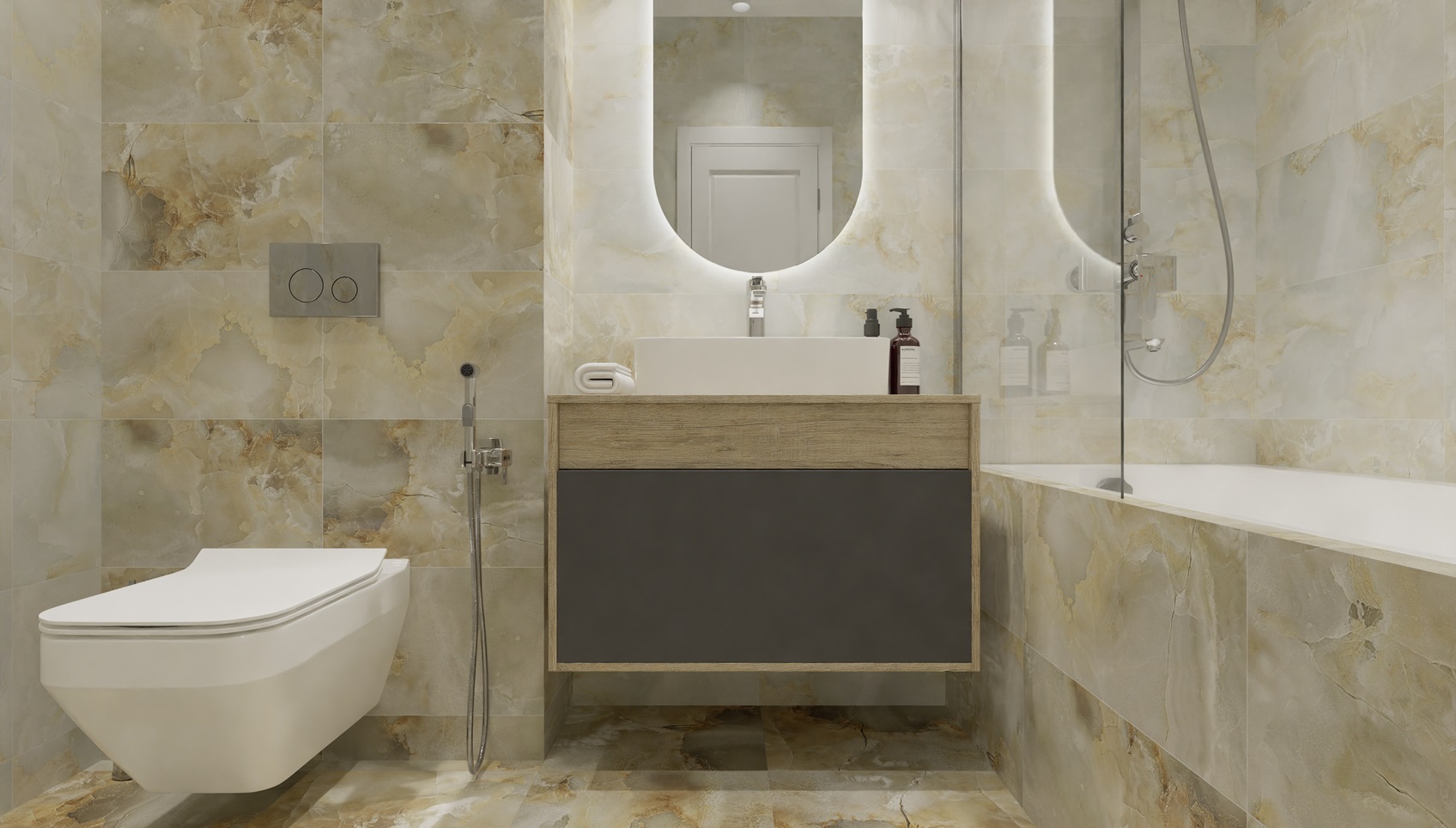 Современная ванная комната (4 кв.м) в бежевых тонах