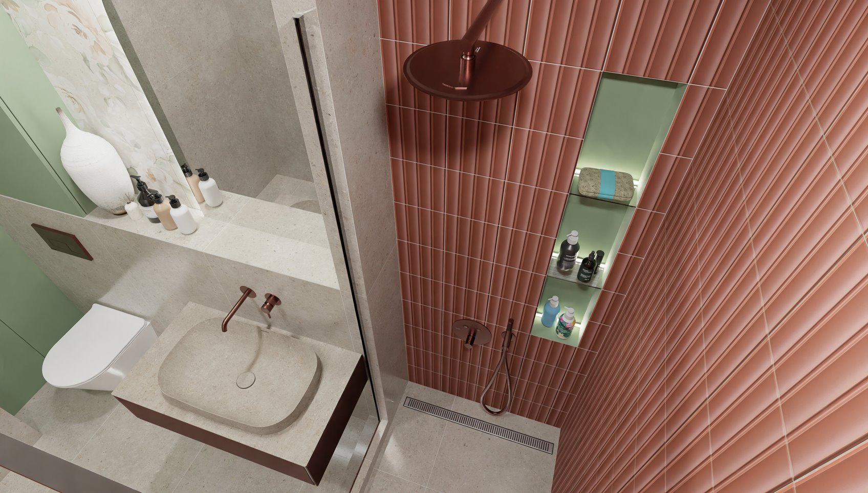 Душевая (4,9 кв.м) в эко-стиле с нотками флористики