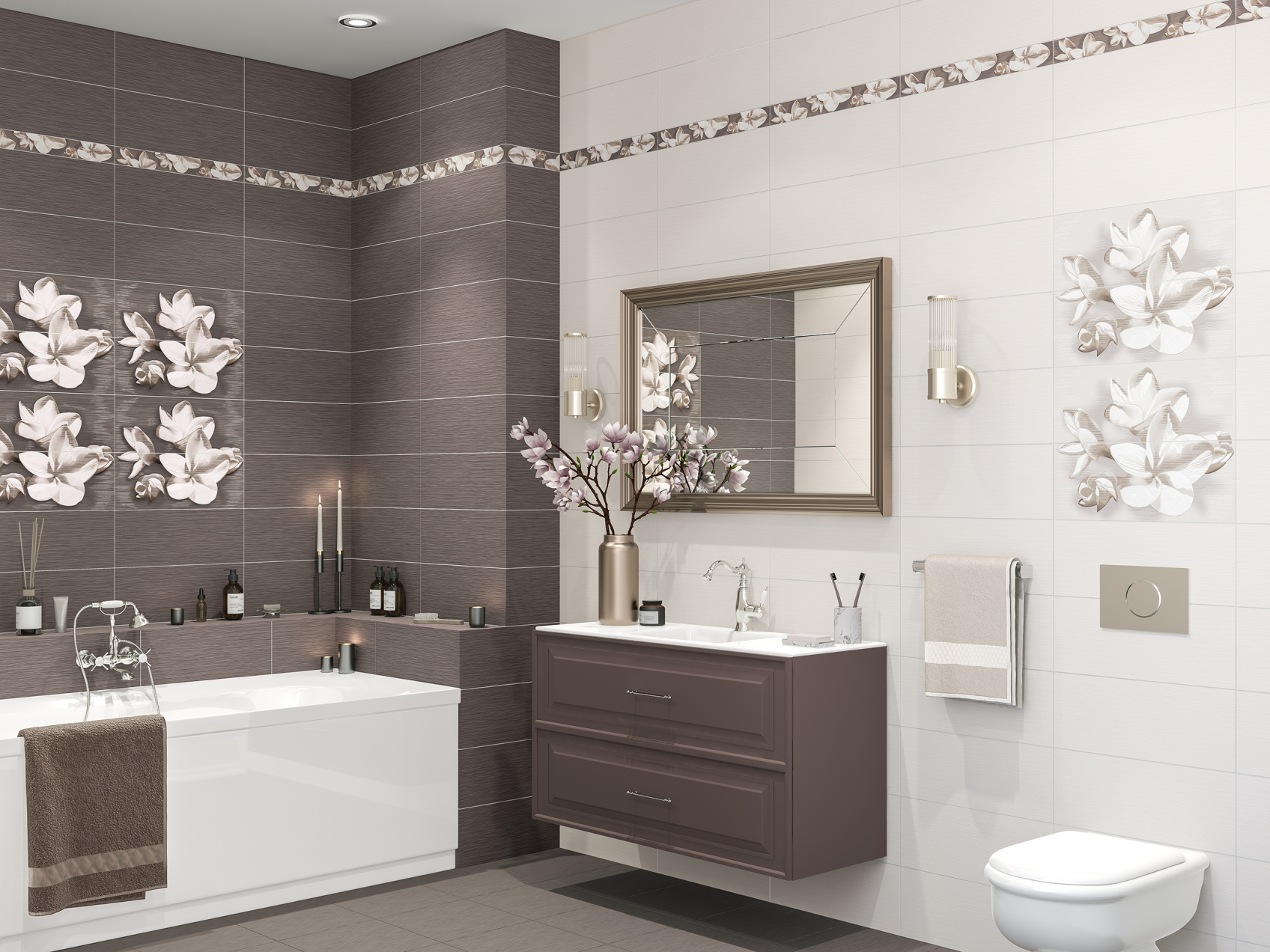 Керамическое панно Azori Amati Plumeria Beige 40,2x50,5 из двух частей 20,1x50,5