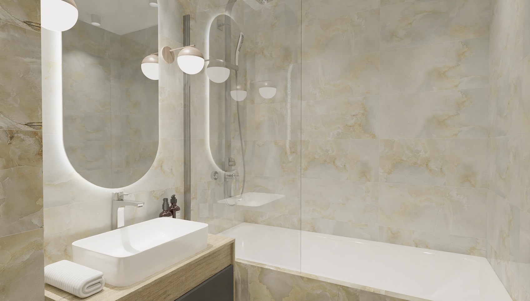 Современная ванная комната (4 кв.м) в бежевых тонах