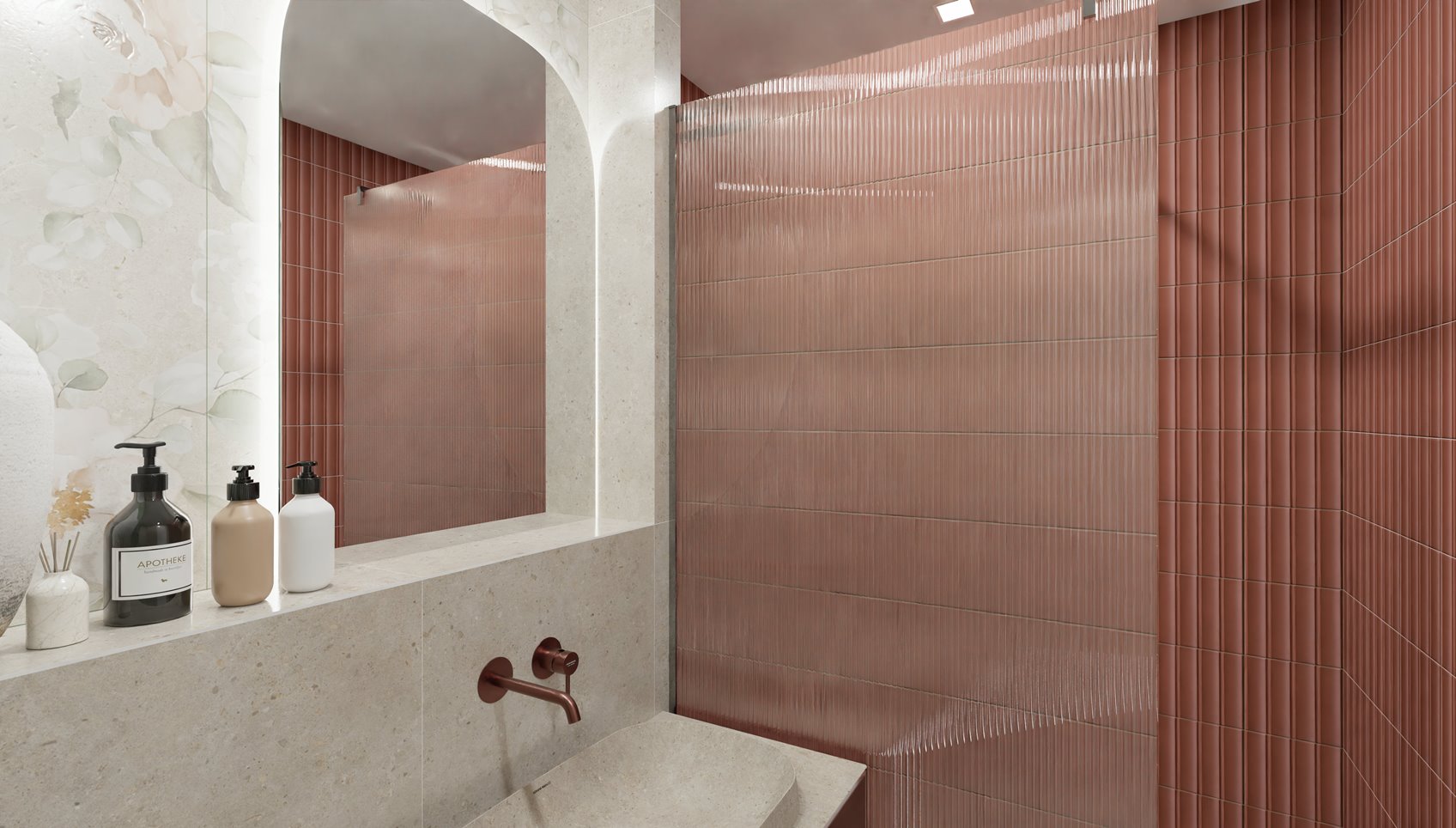 Душевая (4,9 кв.м) в эко-стиле с нотками флористики