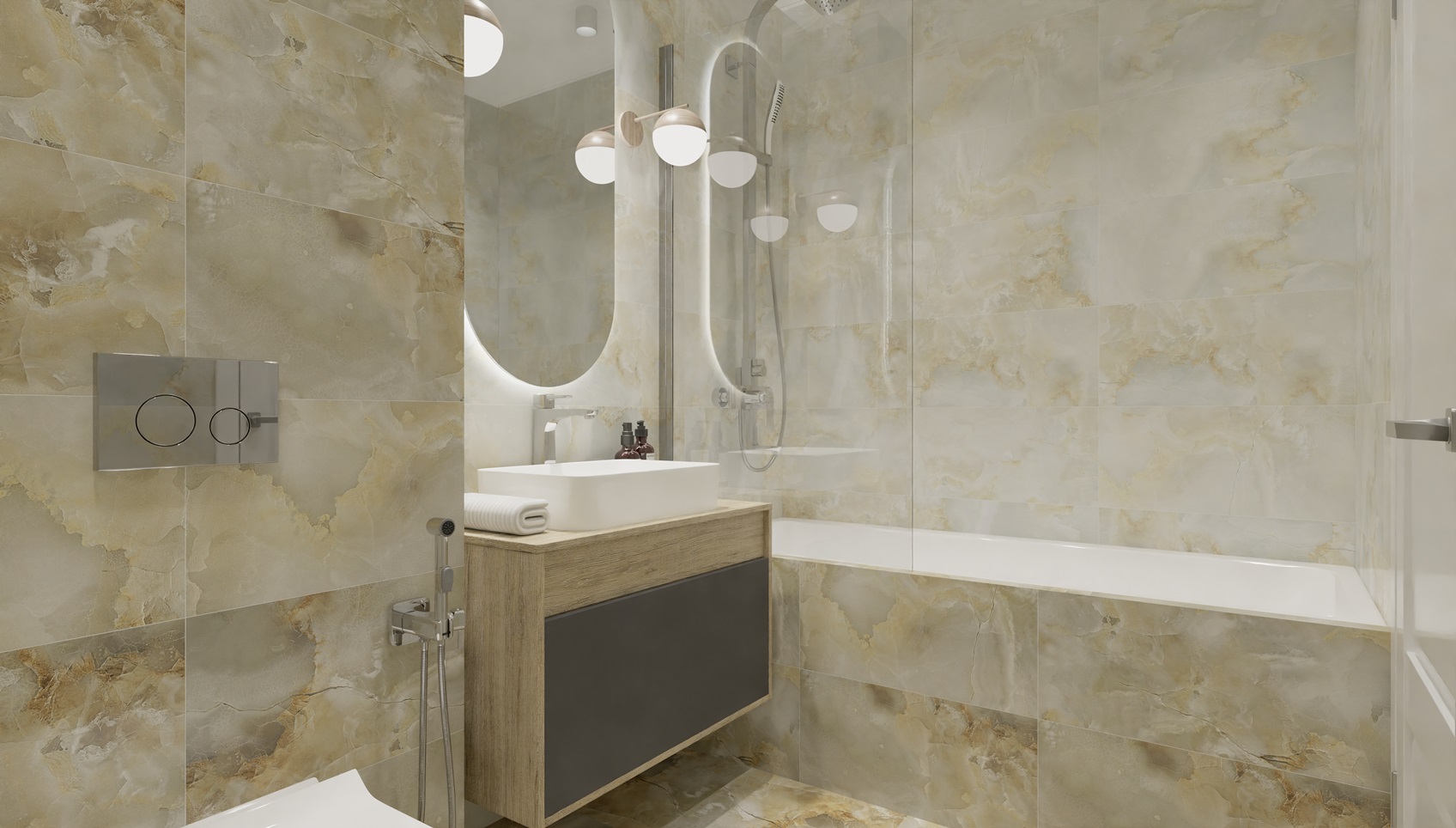 Современная ванная комната (4 кв.м) в бежевых тонах