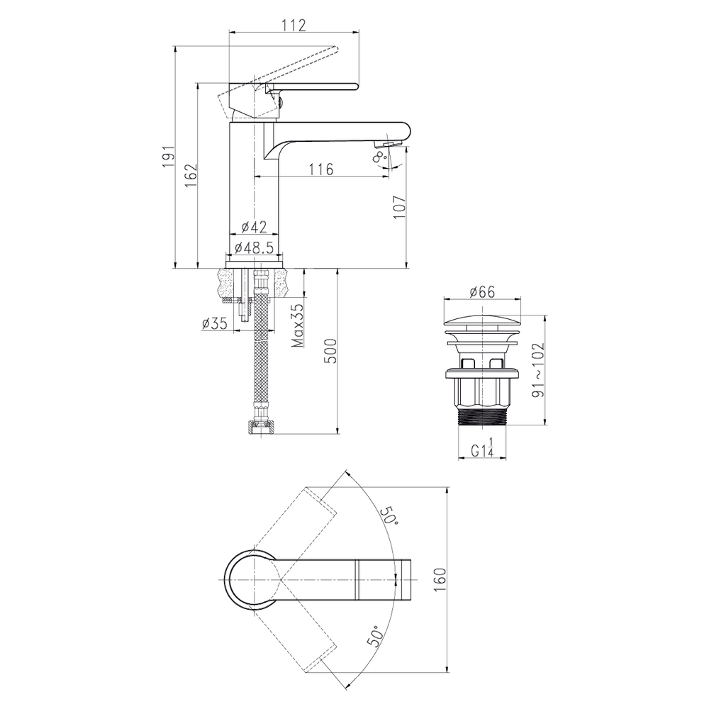 Смеситель для раковины BRASKO однорычажный клик клак