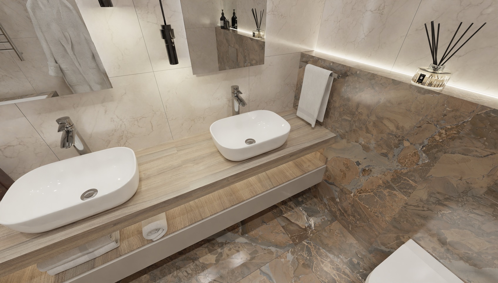 Функциональная ванная с элементами дерева