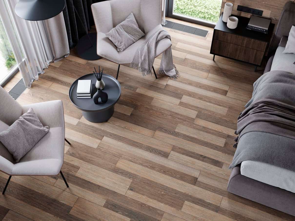 Керамический гранит Estima Kraft Wood Dark Beige KW04 структурированный 19,4x120x9