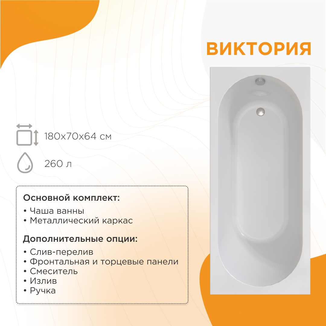 Акриловая прямоугольная ванна Виктория 180х70