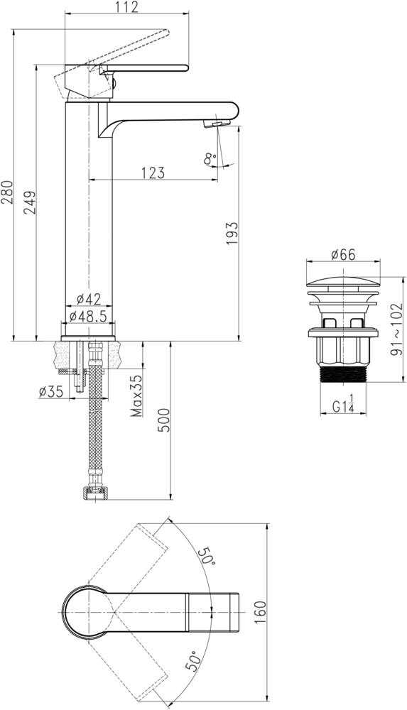 Смеситель BRASKO высокий для раковины с клик-клак