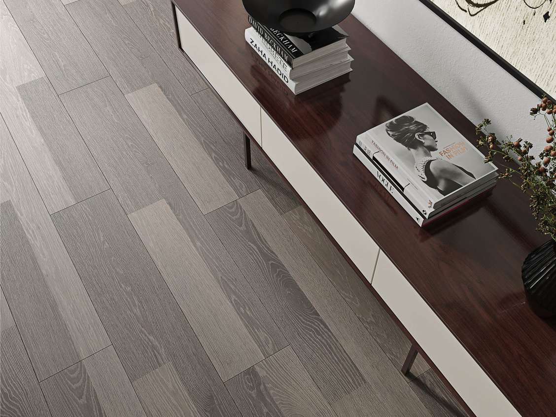 Керамический гранит Estima Kraft Wood Dark Grey KW05 структурированный 19,4x120x9